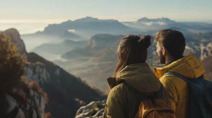 Naklejka premium Back view of a young happy hiking couple of a loving girl & a boy, with backpacks in a mountain forest background. Outdoor adventure, traveling, enjoying nature concept. 