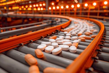 Obraz premium Close-up of pharmaceutical production line with numerous pills and tablets on conveyor belt in a manufacturing facility.