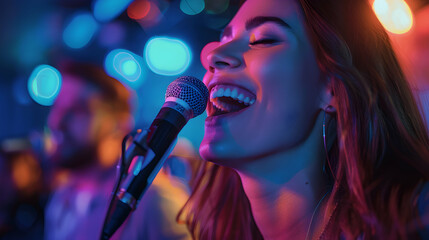 Vibrant Photo Realistic Illustration of Friends Enjoying Karaoke Night, Symbolizing Togetherness, Fun, and Musical Bonding in Social Concept
