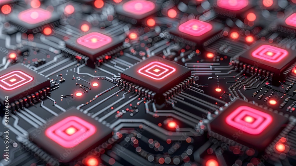Poster a close-up view of glowing red microchips on a black circuit board, representing advanced technology
