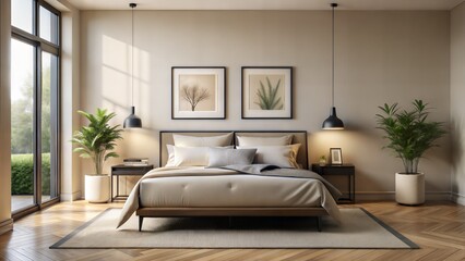 Serene Bedroom Frame Mockup – Matte Black Frame: A peaceful bedroom scene with a matte black frame on a soft beige wall, suitable for elegant and minimalist decor.
