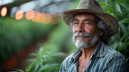 In their twilight years, an elderly caretaker tends to a cannabis plantation, harnessing the therapeutic benefits of CBD to alleviate the aches and pains of rheumatism.illustration stock image