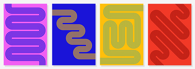 Abstract line retro modernism graphic design poster. Vintage colorful print geometric strip covers set memphis modern style vector illustration retro bauhaus poster geometric art stripe flyers journal