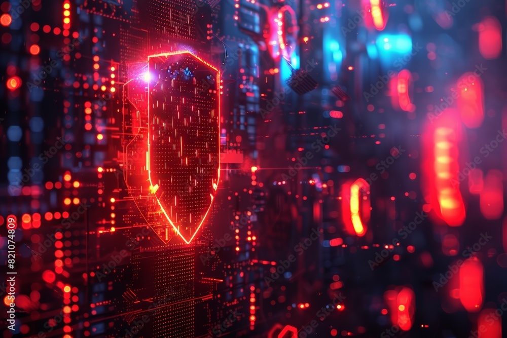 Poster a red shield with a glowing light on it is displayed on a computer screen. concept of security and p