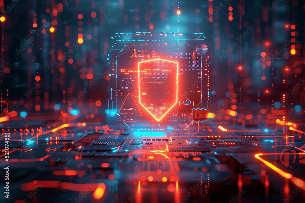 Poster a computer chip with a glowing shield on it. a network of computers under siege by virtual threats, 