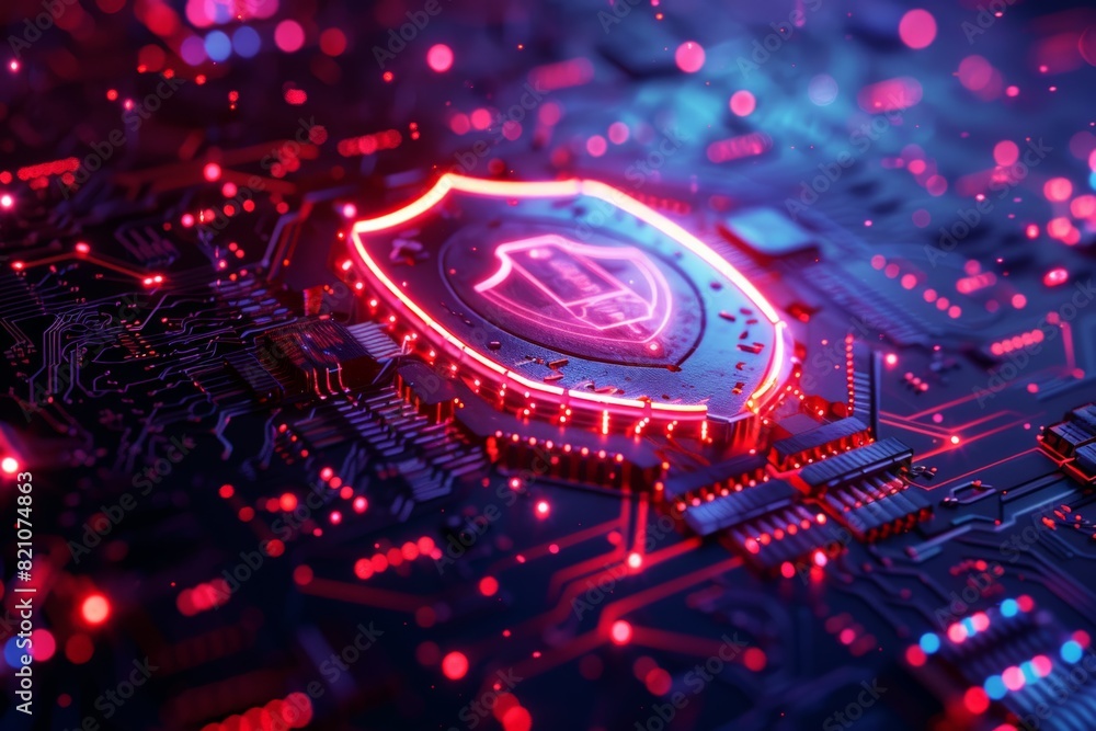 Poster a red and blue electronic circuit board with a glowing shield on it. the image has a futuristic and 
