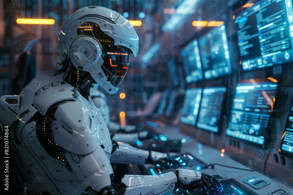 Poster a robot is sitting in front of a computer monitor. the robot is wearing a helmet and has a serious e