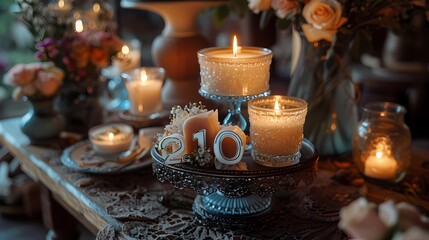 A charming scene featuring a candle shaped like the number "21," placed atop a vintage cake stand, with delicate lace detailing adding a touch of elegance