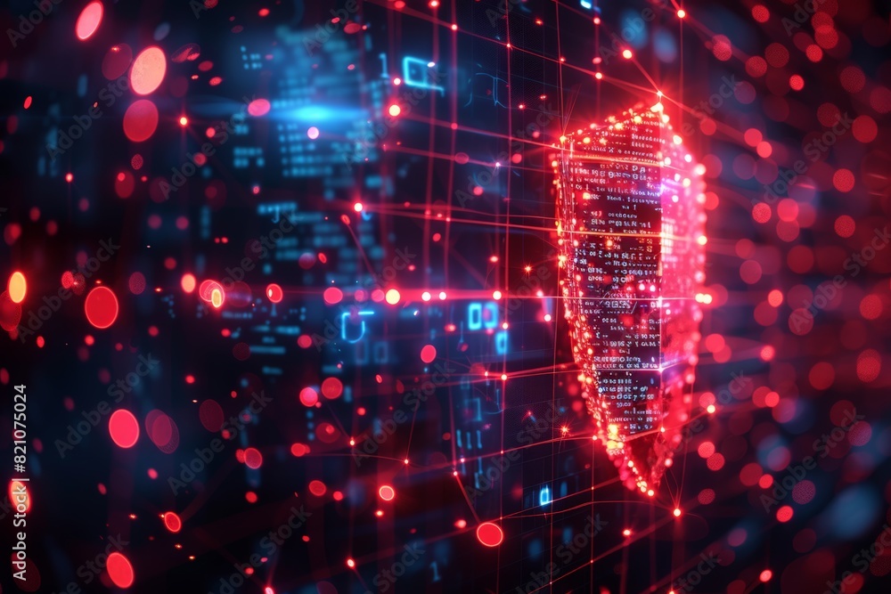 Poster a red shield with a blue background. the shield is surrounded by a network of red dots. concept of s