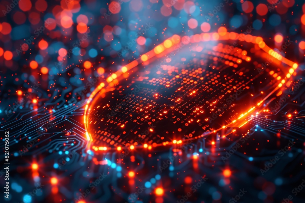 Poster a computer chip with a red shield on it. the shield is glowing and the chip is surrounded by a blue 