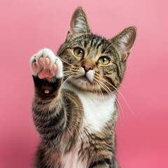 Obraz premium Adorable tabby cat reaching out with a paw against a pink background