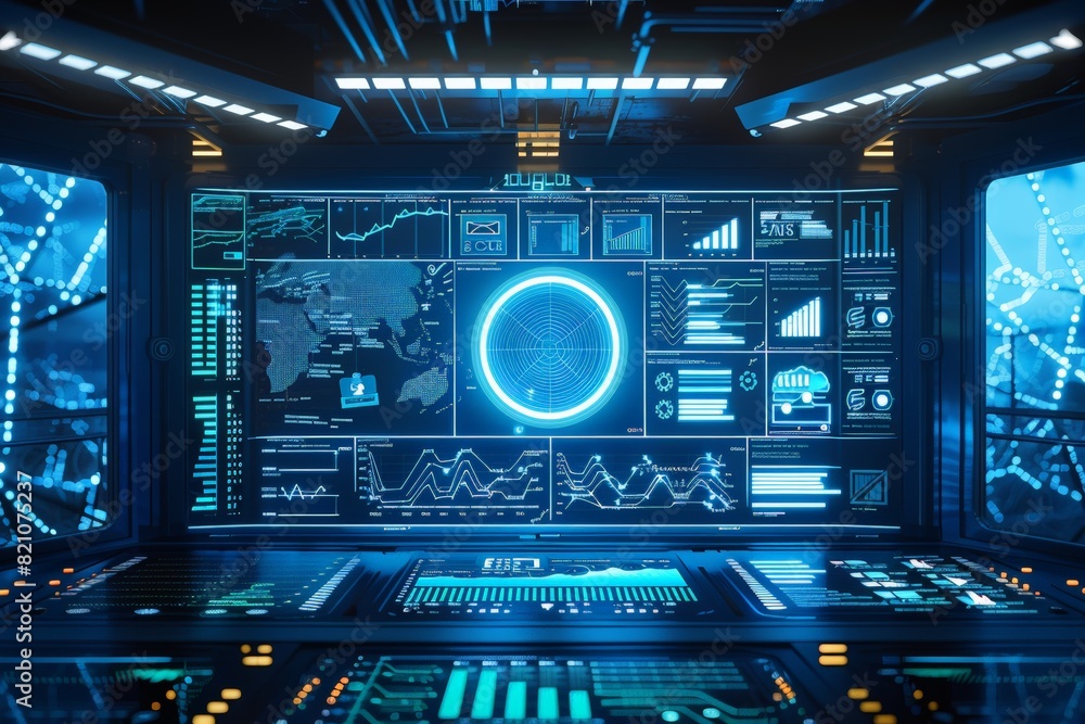 Poster computer monitor displays a blue circle with a white dot in the center. the circle is surrounded by 
