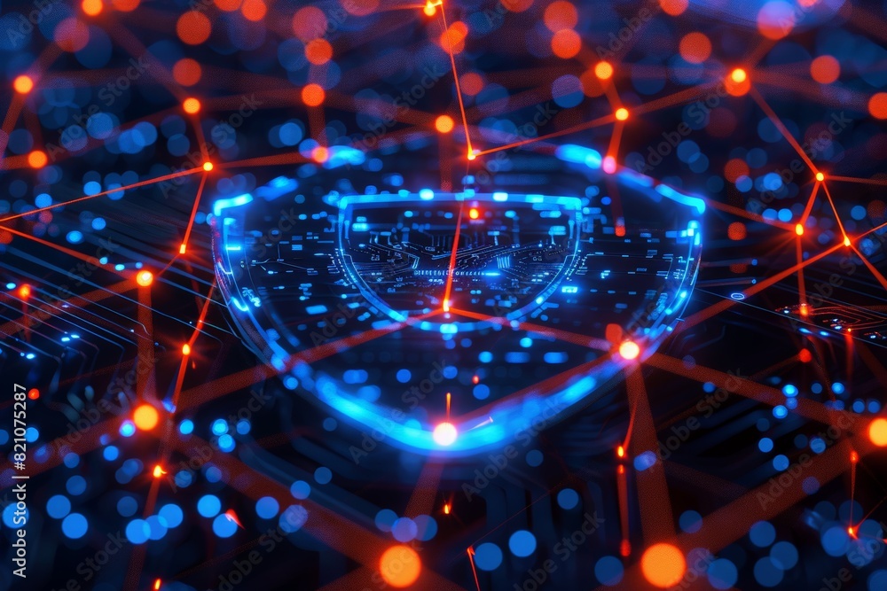 Poster a blue and red shield with a lot of dots on it. the shield is surrounded by a network of lines and d