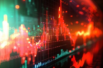 Fototapeta premium Colorful graph with red lines and green dots. The graph is abstract and has futuristic feel to it. display of stock market crash chart on computer monitor, colors and lines depicting the sudden drops