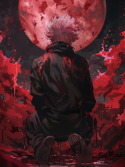 A man wearing black jacket sitting on the ground with a back view, red liquid dripping down his white hair which is in an updo style in the style of digital art, Full moon