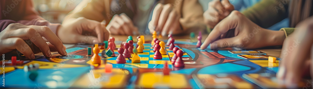 Poster Happy Friends Enjoying a Board Game Night Together, Capturing the Excitement and Bonds of Friendly Competition   Photo Realistic Concept in Adobe Stock