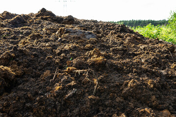 Digging out peat from marshy swamps, visible mountains made of peat.
