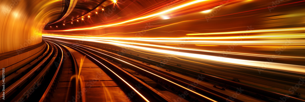 Poster long exposure of high-speed motion with colorful light trails in a tunnel giving sense of rapid move