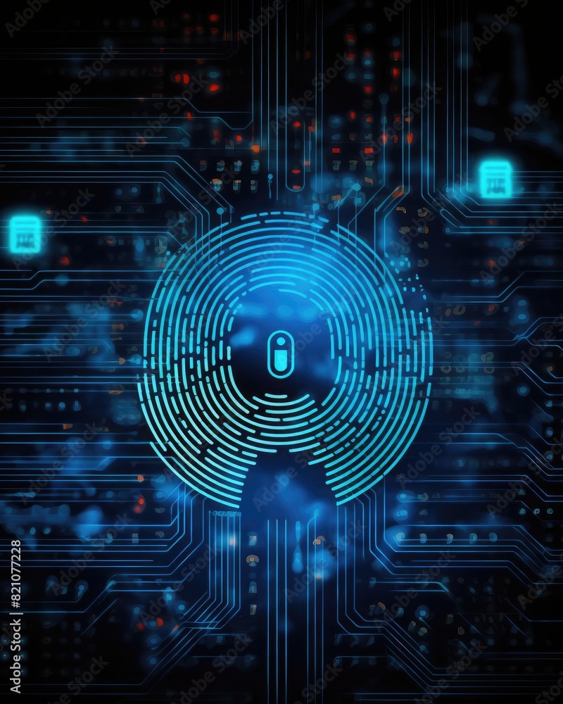 Poster futuristic digital fingerprint technology concept for cybersecurity and data protection on a black c