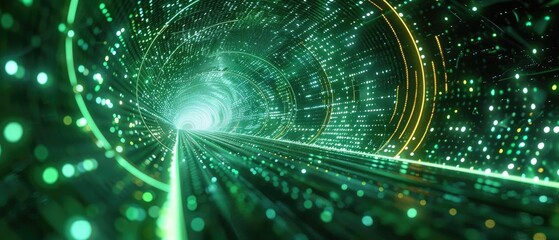 Futuristic glowing data tunnel with green lights and digital effects. Concept of high-speed data transfer and advanced technology.