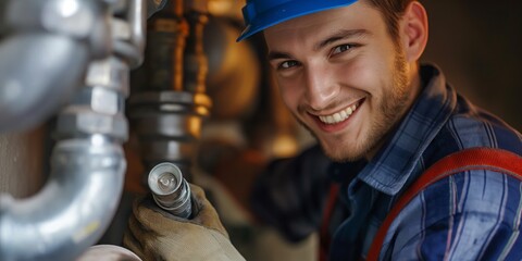 A smiling young mechanic in blue overalls adjusts a valve on industrial piping