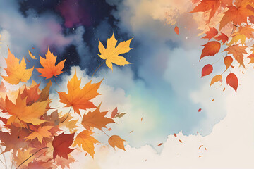 Autumn leaves falling against a dreamy sky backdrop. Ideal for seasonal themes, nature backgrounds, and artistic representations of fall.
