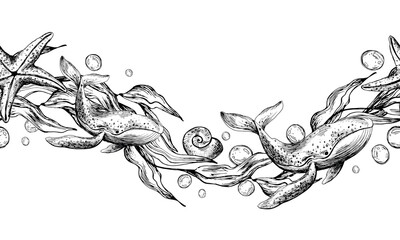 Blue whales, wave shaped seaweed with starfish and water bubbles. Graphic illustration hand drawn in black ink. Seamless pattern border EPS vector.