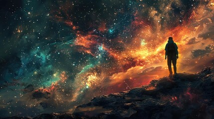 Obraz premium Person standing on rocky ground admiring a vibrant cosmic sky filled with stars and colorful nebulas, contemplating the vastness of space.
