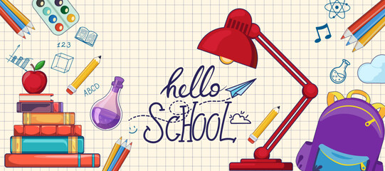 Back to school design concept with popular school supplies levitating above backpack, hand drawn doodles on background of a checkered paper. Greeting text Back to School lettering vector illustration.