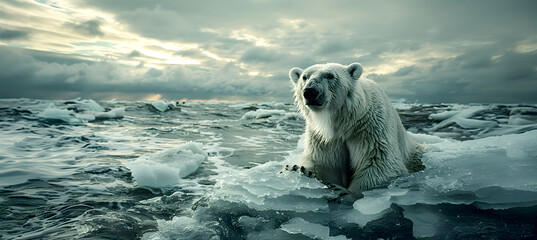 Polar bear surrounded by ocean waves, melting icebergs and arctic environment. Symbol of climate change, global warming. Icebears at risk of starvation as arctic ice sheets melt.
