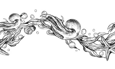Octopus, seaweed in wave shape with starfish and water bubbles. Graphic illustration hand drawn in black ink. Seamless pattern border EPS vector. © NATASHA-CHU