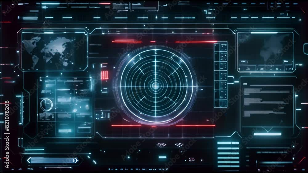 Poster A sonar radar screen searching for an object with a futuristic head-up display (HUD UI) interface screen and abstract background Alpha channel included.