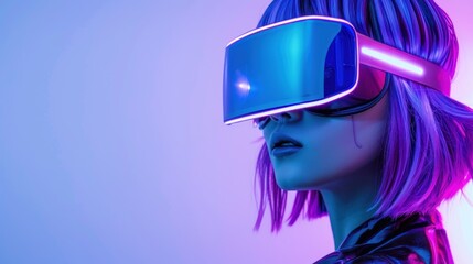 Beautiful woman purple hair wearing virtual reality glasses with neon glowing light. generative AI