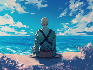 Anime illustration of an old man with short blonde hair wearing suspenders and a blue shirt sitting on the beach looking out at the sea, view from behind his back, blue sky with clouds.