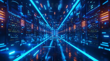 Obraz premium 3D style of data center with glowing blue lights in a server room interior, hi-tech concept for cloud computing and big data storage. Futuristic background. In the style of big bandit storage.
