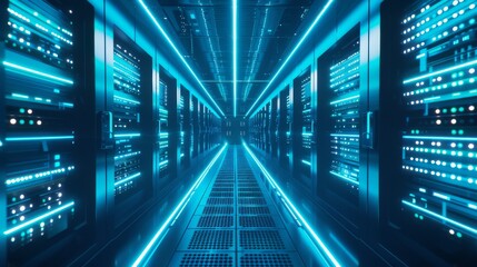  3D style  of data center with glowing blue lights in a server room interior, hi-tech concept for cloud computing and big data storage. Futuristic background. In the style of big bandit storage.