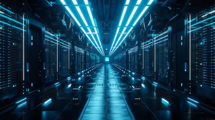 3D style  of data center with glowing blue lights in a server room interior, hi-tech concept for cloud computing and big data storage. Futuristic background. In the style of big bandit storage.