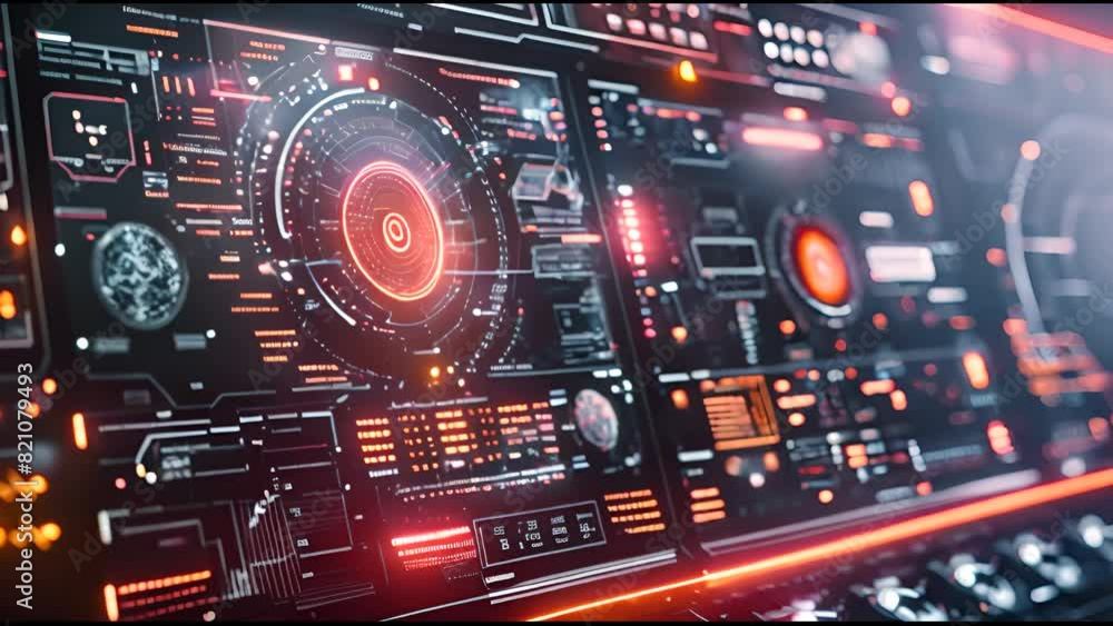Poster Digital data chart with abstract technology hologram elements with hi-tech interface, 4K footage, global interface and technology, abstract technology interface, futuristic concept, hologram