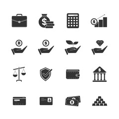 Finance flat icon set. Growth currency chart. Flat icon credit card, payment, currency, bitcoin, calculator. Silhouette icon illustration