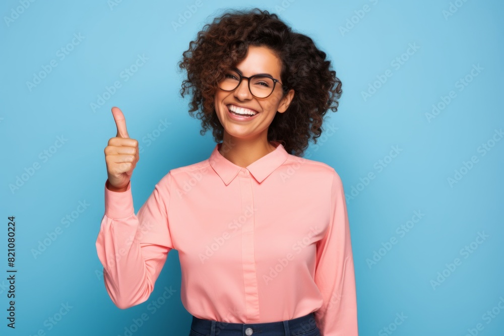 Canvas Prints Portrait of a cheerful woman in her 30s showing a thumb up while standing against solid color backdrop - Canvas Prints