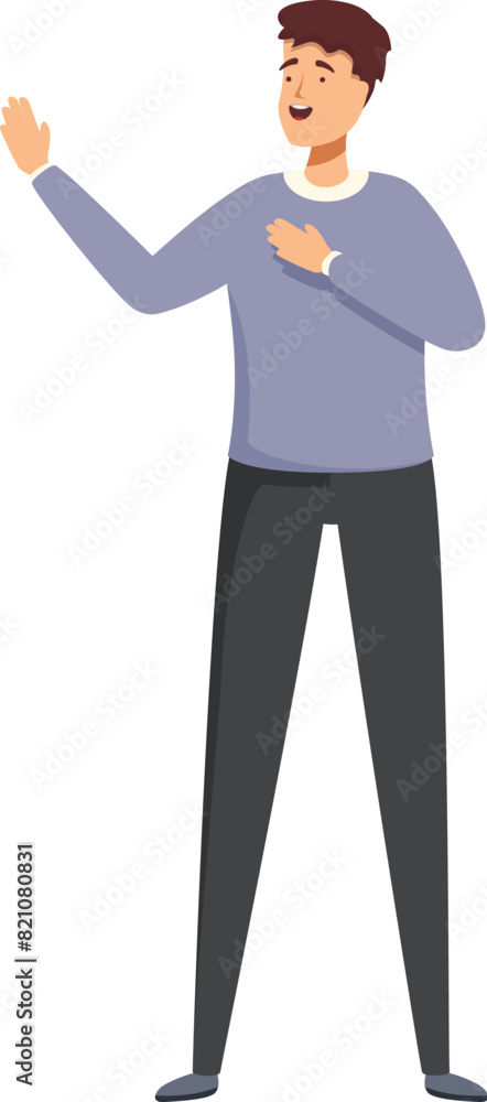 Poster illustration of a smiling man in casual clothes gesturing with one hand open as if presenting