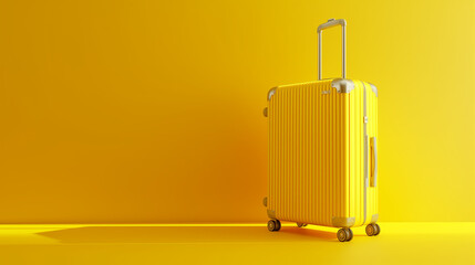 A yellow traveling bag, baggage, or suitcase on a minimal yellow background with copy space. Vacation, female or girl travel in summer, holiday trip concept.	