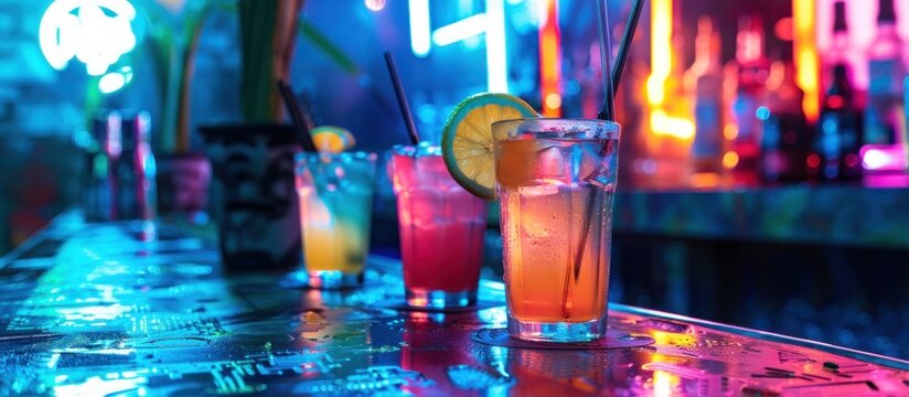 Futuristic colorful neon glowing cyberpunk bar with cocktails on the table. generative AI image