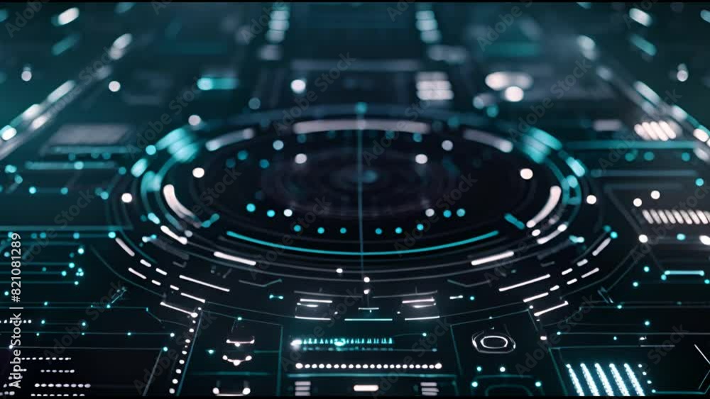 Fototapete HUD abstract Sci Fi technological template. Animated texture for broadcast futuristic animation. Many digital elements on the HUD. Digital HUD graphic of a screen.