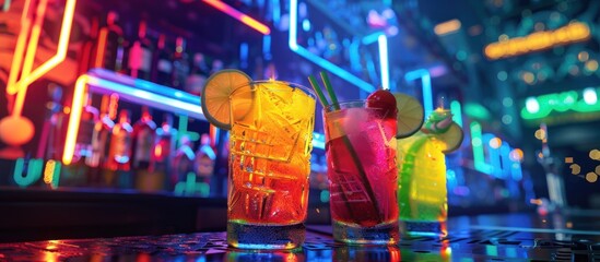 Futuristic colorful neon glowing cyberpunk bar with cocktails on the table. generative AI image - Powered by Adobe
