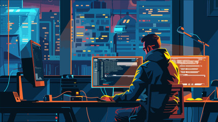 Fototapeta premium Hacker. A man sits at a table with a computer. Hacker at work.