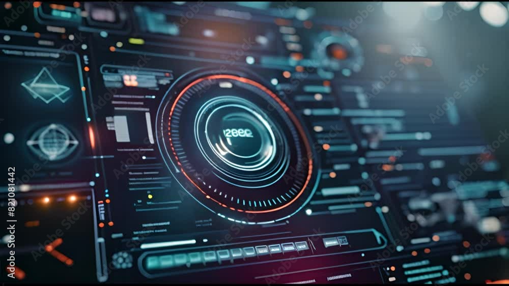 Aufkleber The motion graphic shows an abstract background with futuristic elements such as a graph and a chat panel from a blue head-up display technology interface screen (HUD UI).