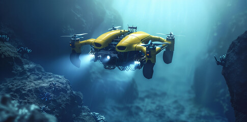 Deep-sea exploration drone navigating the abyss, capturing rare marine life and geological formations with high-definition cameras