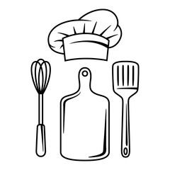 Illustration of kitchen utensils. Cooking tools for home and restaurant.