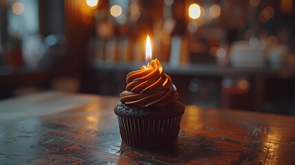A close-up shot of a single birthday candle standing tall on a chocolate frosted cupcake, the flame flickering gently in the breeze